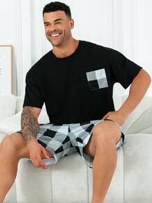 2pcs/Set Plus Size Men's Casual Loose Plaid Short Sleeve T-Shirt And Shorts Pajama Set, Suitable For Spring/Summer - Black - View 3
