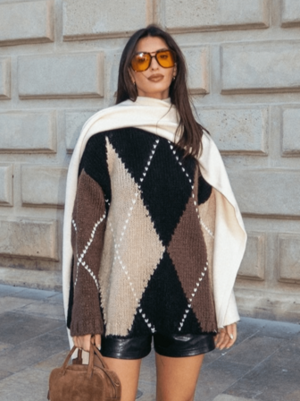 HZXVIC Women's Autumn New Rhombus Plaid Contrast Color Casual Home Round Neck Long Sleeve Sweater