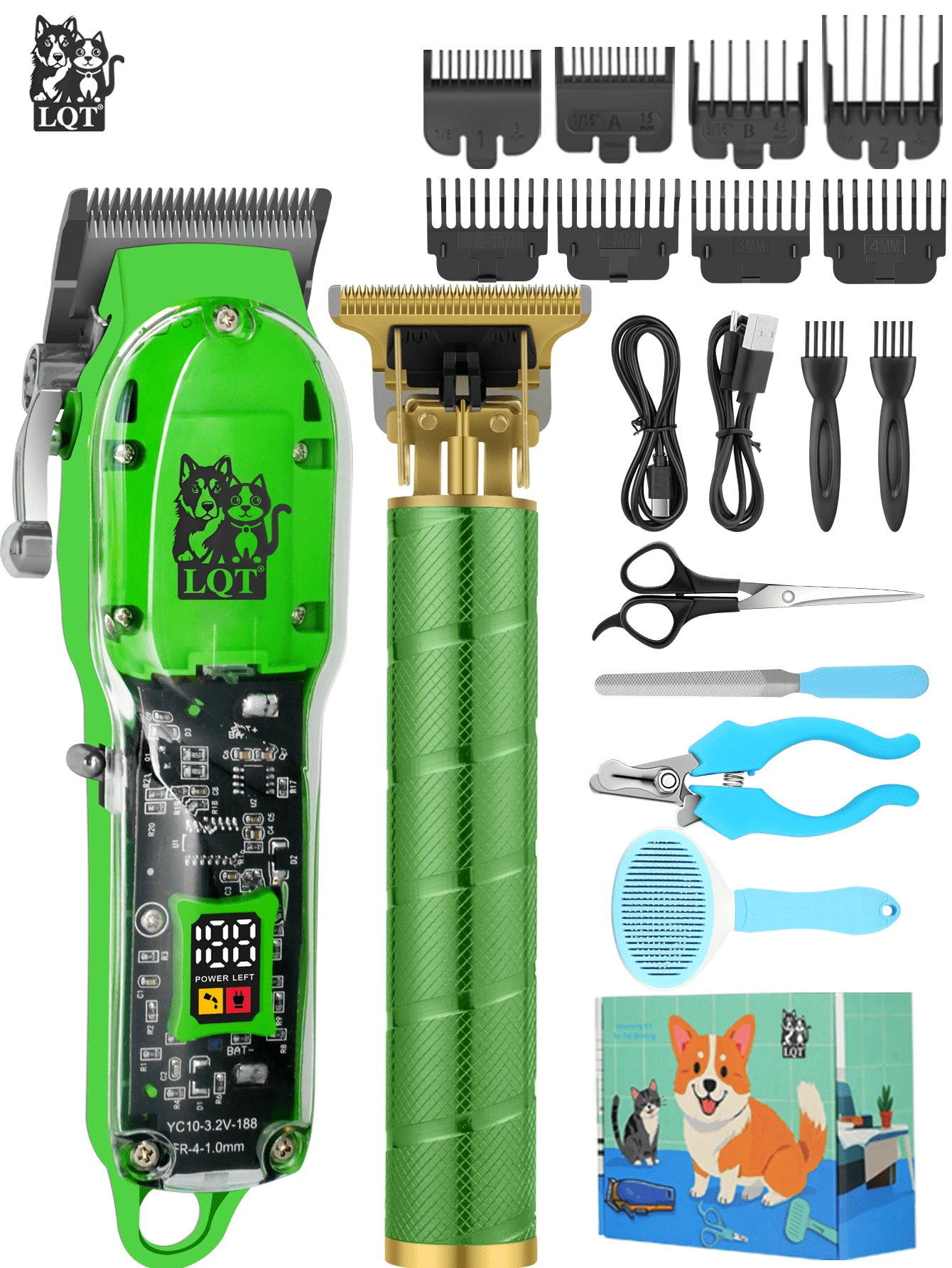 LQT 一体式宠物狗剪毛器套装，宠物身体和面部毛发修剪套装，专业、轻便、高效，狗狗美容配件，狗狗美容工具和用品，圣诞节送给猫狗的完美礼物，绿色宠物电动推剪套装 - 綠色 - 查看 1