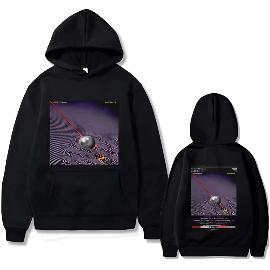 Tame Impala Currents Men's Printed Double-Sided Hoodie Lndie Pop Rock Band Hoodie Retro Fashion Sweatshirt - 黑色 - 查看 1