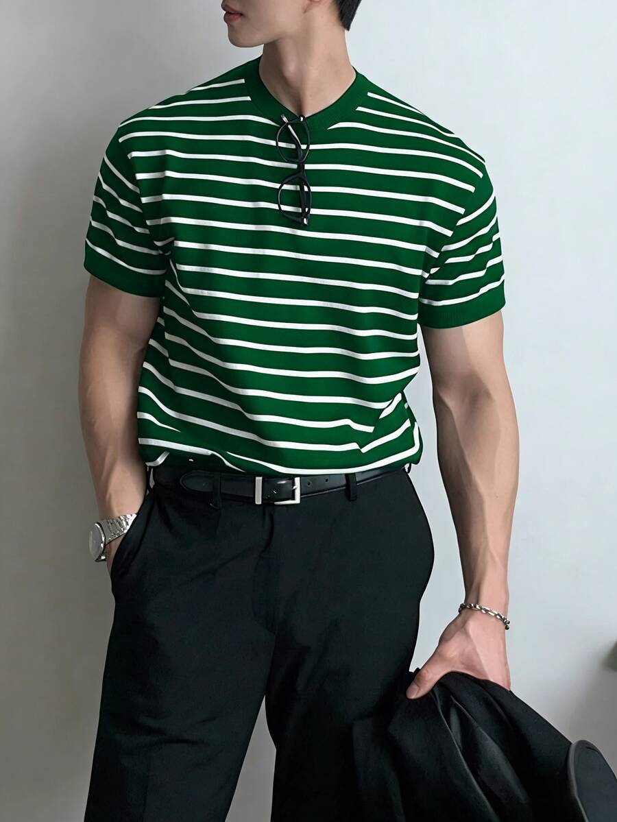 ALTZTAR Loose Lightweight Striped Knit Crew Neck Short Sleeve T-Shirt, Casual Business Slim Fit Men's Summer Cool Tee - Green - View 1