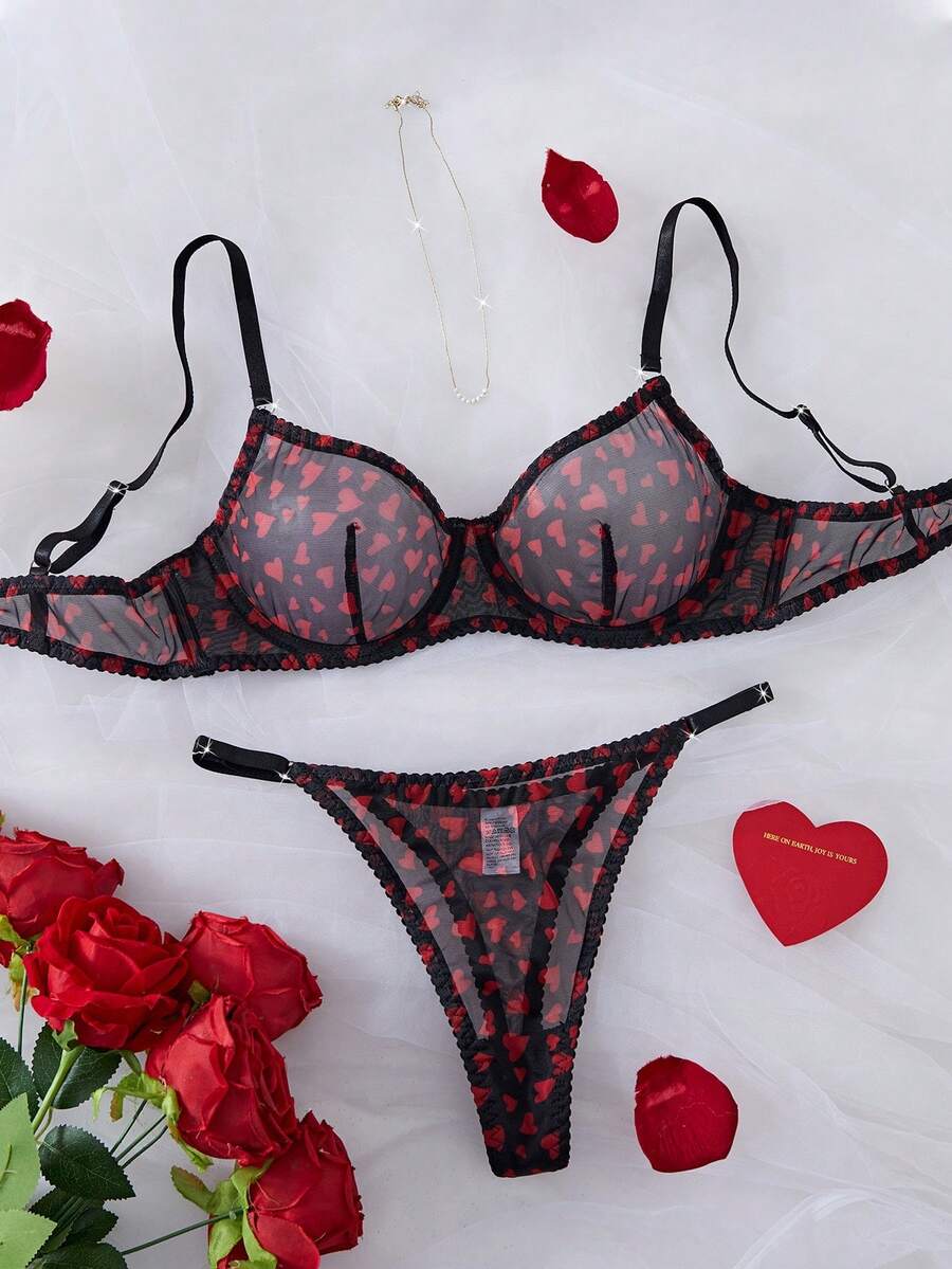 Valentine's Day Limited Edition | Beating Red Heart Lace Lingerie Set, Romantic Surprise With Atmospheric Ambiance - Black - View 1