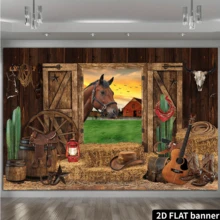 2D平面西部牛仔背景，西部乡村风格，马匹，木谷仓，摄影背景，狂野西部 - 駝色 - 查看 3