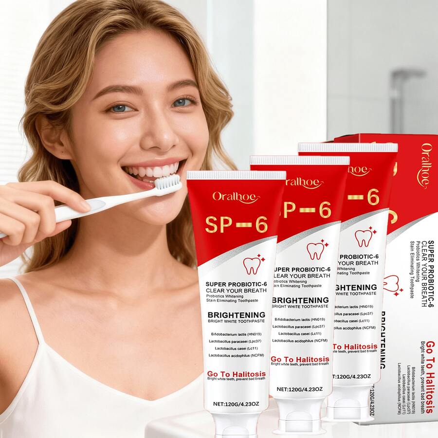 La pasta dental blanqueadora SP6 de 120 g contiene aceite de coco, bicarbonato de sodio y menta. Esta pasta suave limpia eficazmente los dientes, elimina las manchas y el amarilleamiento, y cuida tu salud bucal. - Menta - Ver 1