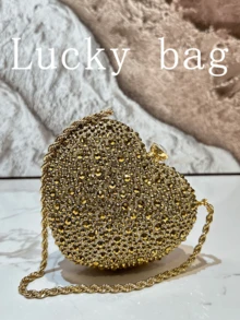 1件女士时尚闪亮心形水晶手提包，新娘手拿包，晚宴包，适合婚礼、宴会等正式场合，可作为女士礼物 - 金色 - 查看 6