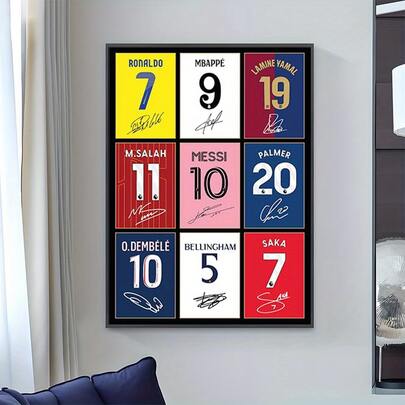 1pc Football Star Autographed Photo Canvas Print - Unframed Jersey Numbers 7, 9, 10, 11, 19 - Autobiographical Style Display, Suitable For Home, Office, Sports Bar Decor - Perfect Football Fan Gift, For Birthday, Wedding, Housewarming - Official Appearance Collectible Memorabilia, High-Quality Replica, Office Decor, Frameless