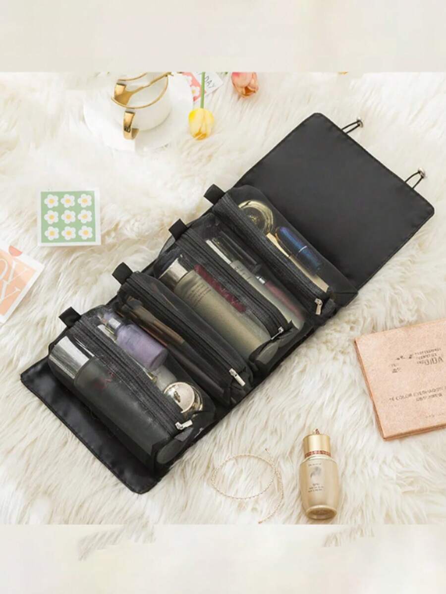 1 túi đựng mỹ phẩm du lịch màu đen, túi lưới đựng mỹ phẩm dành cho nữ, túi đựng cọ trang điểm và son môi dùng trong phòng tắm, du lịch, cắm trại, ký túc xá, hoạt động ngoài trời, leo núi, công tác, sử dụng tại nhà, có thể đựng tinh dầu, nước hoa và các phụ kiện du lịch khác, phù hợp cho sinh viên. Túi đựng mỹ phẩm, túi đựng đồ dùng vệ sinh cá nhân, túi đựng đồ dùng du lịch, đồ dùng trên tàu biển, đồ dùng cho kỳ nghỉ dành cho nam và nữ. - màu đen - Xem 1