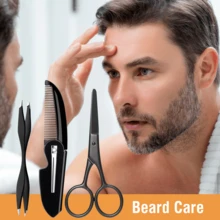 2025 New Men's Beard Care 3 Pieces Set - Round Tip Sharp Scissors + Portable Folding Comb, Grooming Tools For Trimming Beard & Eyebrows, Neat Styling - Black - View 1