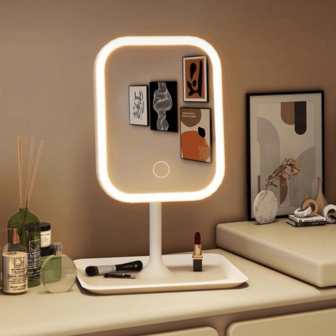 1 st LED-belyst sminkspegel, 3 färglägen, bordsspegel med smart pekkontroll, 360° rotation, förvaringsbricka, bärbar resesminkspegel, uppladdningsbar, hopfällbar, avtagbar sminkspegel, ersättning för skrivbordssminkspegel, kreativ alla hjärtans dag-/kvinnopresent