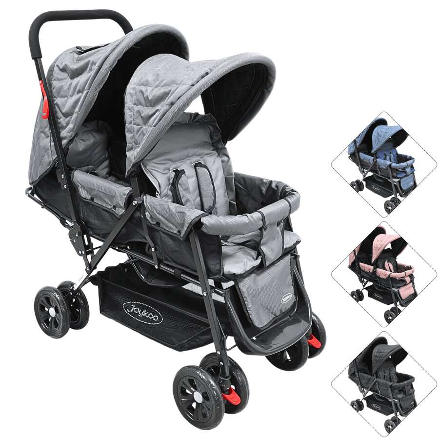 Joykoo Carriola Doble para Bebés Gemelar Plegable con Asientos Reclinables Apta desde 0 Meses Soporta hasta 32 kg - Gris - Ver 1