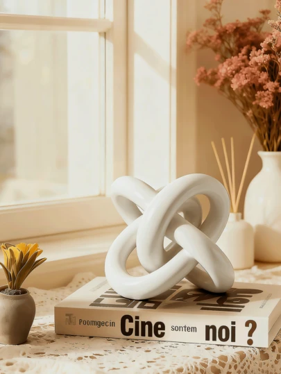White Bow Decor Statue, Modern Geometric Round Sculpture Desktop Decor, Small Round Decorative Figurine For Home, Bookshelf, Coffee Table, Bookcase, Decorative Gift