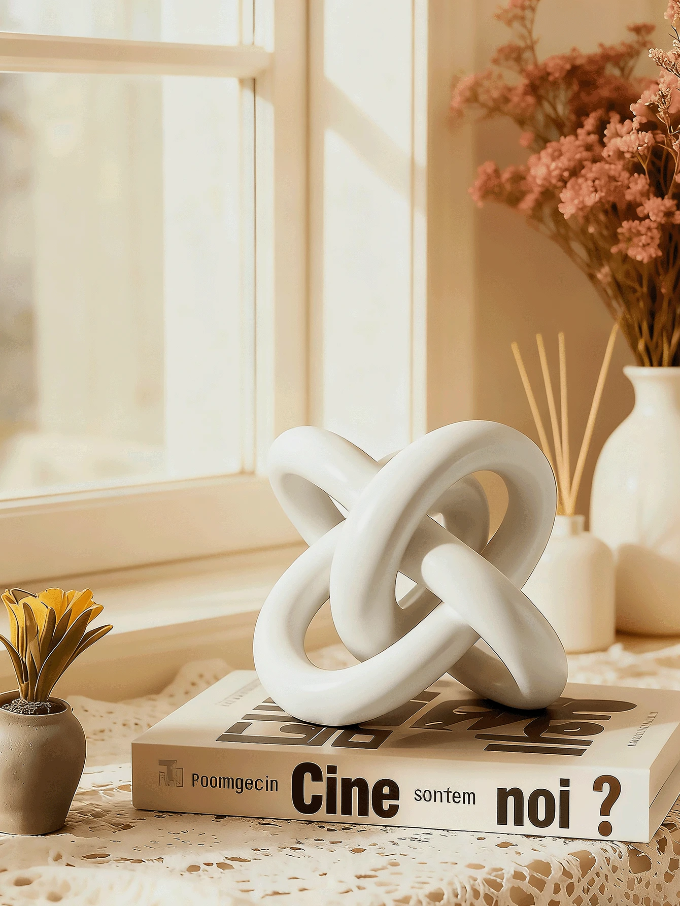 Tượng trang trí nơ trắng, tượng điêu khắc hình tròn hình học hiện đại để bàn, tượng trang trí nhỏ hình tròn cho nhà cửa, giá sách, bàn cà phê, tủ sách, quà tặng trang trí