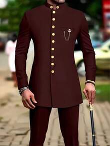 Men's Casual Long-Sleeved Two-Piece Suit, Mid-Length Top And Trousers - 酒紅色 - 查看 2