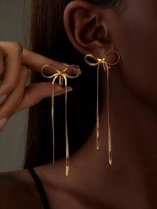 1对14K金长流苏链蝴蝶结夹式耳环，女士时尚垂坠流苏耳环，新娘婚礼配饰，母亲节，情人节，圣诞节时尚珠宝礼物