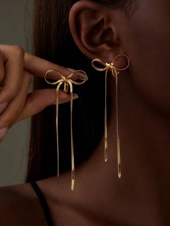 1对14K金长流苏链蝴蝶结耳环夹，女士时尚垂坠流苏耳环，新娘婚礼配饰，母亲节、情人节、圣诞节时尚珠宝礼物