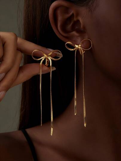 1对14K金长流苏链蝴蝶结夹式耳环，女士时尚垂坠流苏耳环，新娘婚礼配饰，母亲节，情人节，圣诞节时尚珠宝礼物