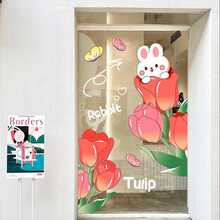 1 ganze Tulpe, Hasen Fensterblume, Wohnzimmer Balkon Dekoration, süßer Türaufkleber, Geschäftsglas Dekoration, Anti-Kollisions Statische Adsorption, nicht klebender Glasdekorationsaufkleber