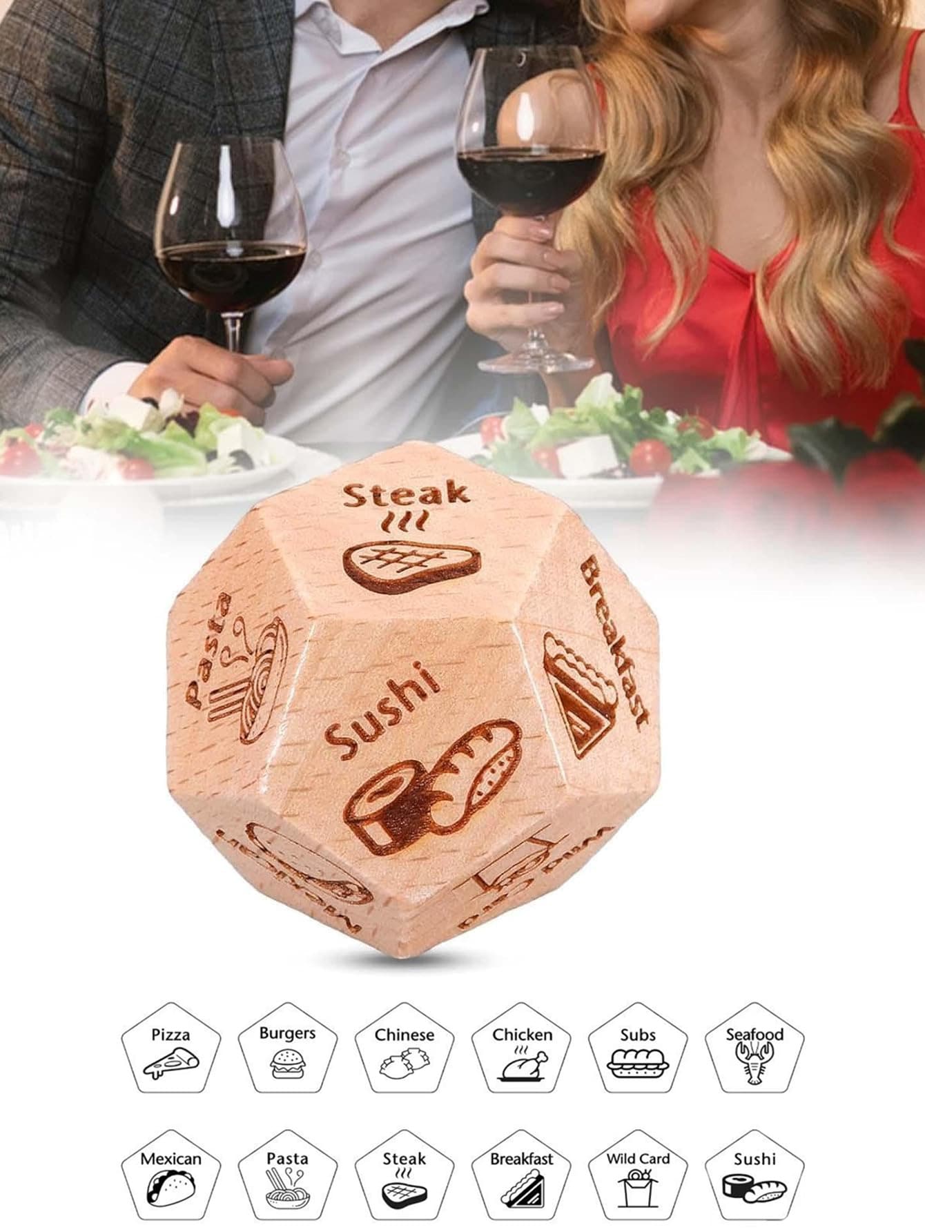 情侣约会骰子套装，带收纳盒，美食电影创意骰子，约会之夜骰子选择版，趣味玩具，木质决策骰子，创意游戏，适合优柔寡断的人，适合室内派对道具，也是周年纪念日、生日、婚礼、圣诞节、情人节的浪漫礼物。 - 米色 - 查看 1