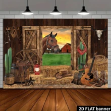 2D平面西部牛仔背景，西部乡村风格，马匹，木谷仓，摄影背景，狂野西部 - 駝色 - 查看 4