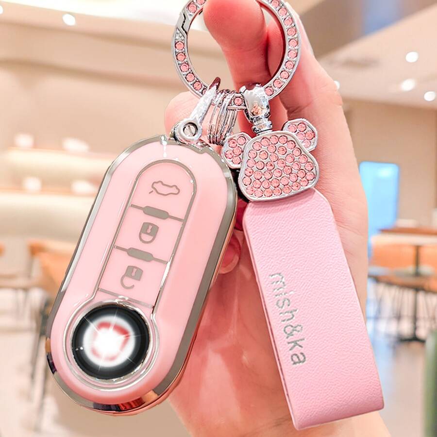 Móc khóa hình gấu đính đá lấp lánh bằng da PU, vỏ bảo vệ chìa khóa xe Fiat, túi đựng chìa khóa TPU mềm, móc chìa khóa cho Fiat 500, Boyue Bravo Iveco Olsen, quà tặng cho nữ | Vỏ chìa khóa thanh lịch | Vỏ chìa khóa chất lượng cao, bảo vệ chìa khóa xe hơi - Nhiều màu - Xem 1