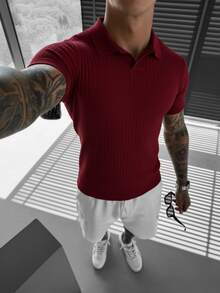 Men's Summer Fashion Ribbed Polo Knit Shirt Short Sleeve, Suitable For Business Activities And Daily Social Occasions - Burgundy - View 3
