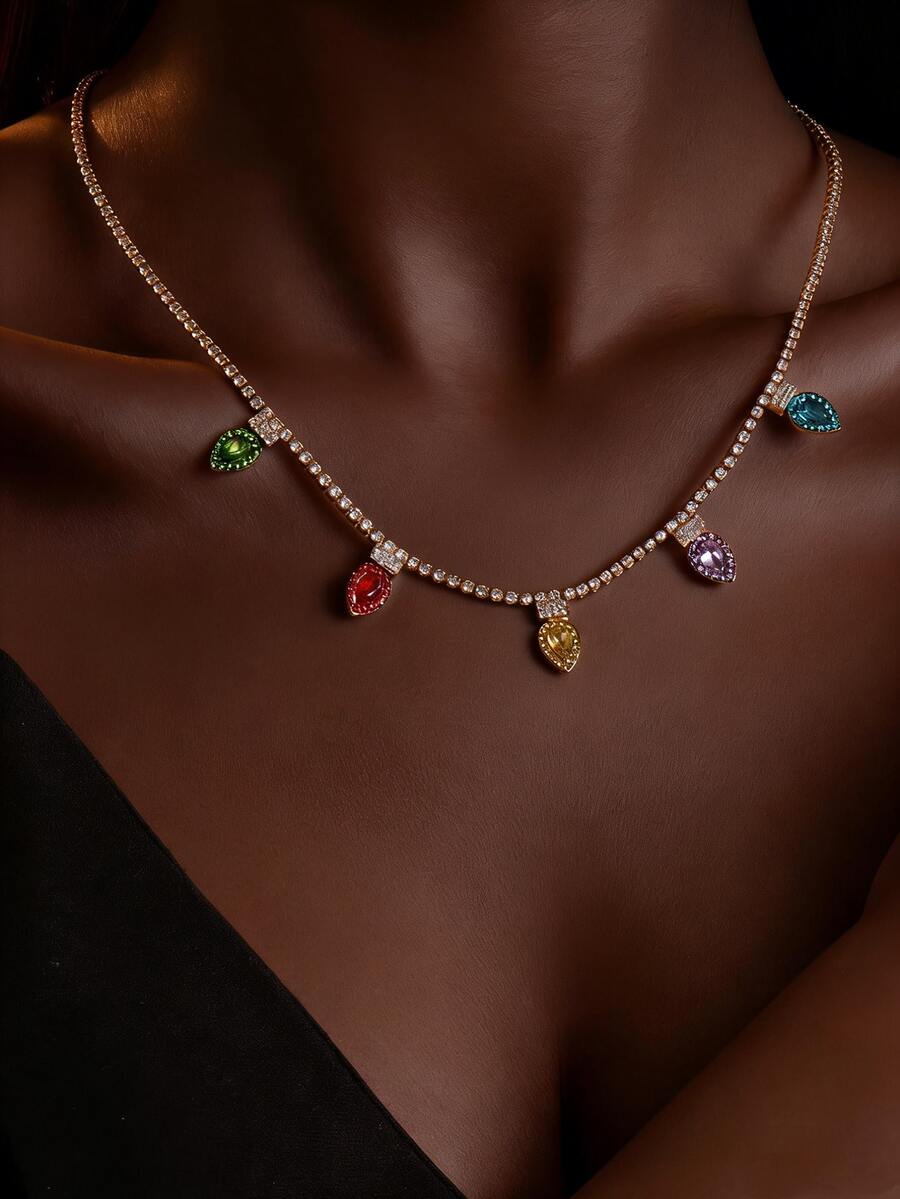 Colar de Natal com gotas de água em formato de coração e zircônia cúbica colorida, gargantilha elegante com corrente de tênis, adequada para uso diário, férias de verão na praia, presentes de Natal para o Dia dos Namorados - Colar de diamantes coloridos - Ver 1