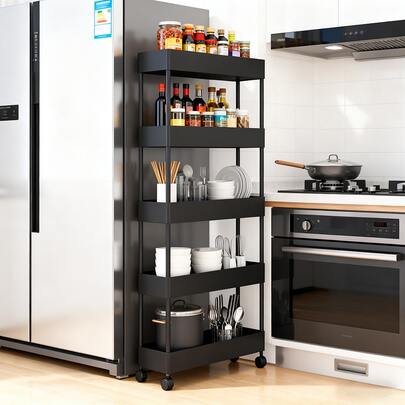 5 niveles blanco y negro rodante camión de almacenamiento cocina baño lavandería oficina sala de estar vestidor espacio estrecho estantería de almacenamiento móvil