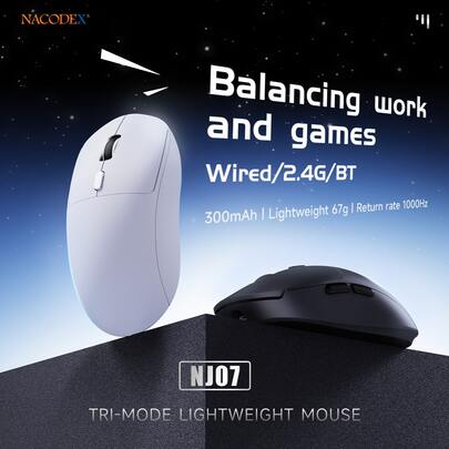 Souris sans fil de bureau et de jeu AJAZZ NJ07, DPI max 12 800, fréquence de rapport de 1 000 Hz, réponse rapide, prise en main stable, légère et portable, clics silencieux, design minimaliste, pour le bureau et le jeu