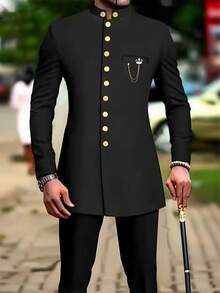 Men's Casual Long-Sleeved Two-Piece Suit, Mid-Length Top And Trousers - màu đen - Xem 5