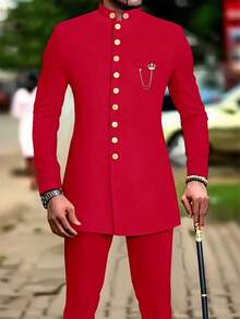 Men's Casual Long-Sleeved Two-Piece Suit, Mid-Length Top And Trousers - 紅色 - 查看 2