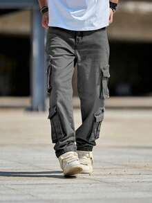 Men's Retro Flared Jeans, Slim Fit Multi-Pocket Rugged Cargo Pants, Fashionable - Grey - View 5