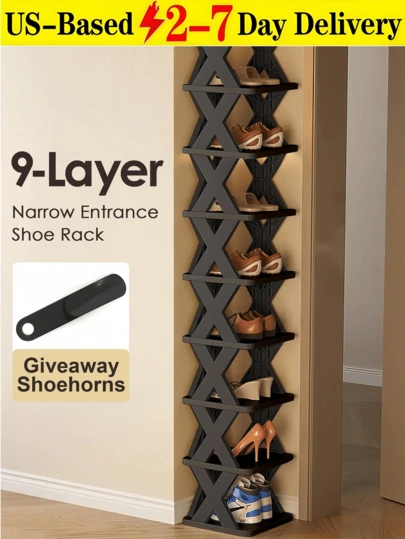 9-Tier Foldable Shoe Rack, Space-Saving Vertical Design For Entryways, Living Rooms, Bedrooms, Closets, Balconies, And College Dorms. Essential Organization Rack. Three-Tier Or Nine-Tier Heavy-Duty Shoe Rack, Foldable And Stackable. Space-Saving Narrow Design. Sturdy Plastic Shoe Rack Suitable For Entryways, Wardrobes, Bedrooms, Apartments-Easy Assembly, Compact Design, Lightweight Multi-Tier Shelving For Home Organization. 9-Tier Entryway Shoe Cabinet: Space-Saving Shoe Rack, Stackable Plastic Shoe Organizer - Shoe Storage Box Suitable For All Shoe Types. Shoe Organization And Storage - Narrow Design Fits Hallways, Entryways, And Bedrooms.