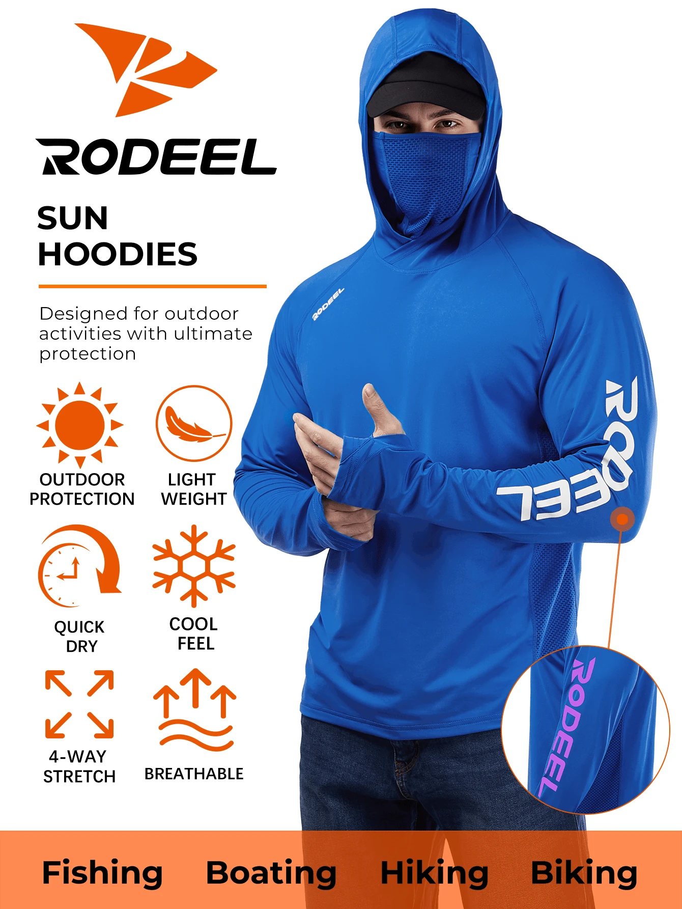 RODEEL 男士連帽衛衣附面罩 - 柔軟輕盈 - 運動款 - 藍色 - 查看 1