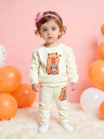 Herbst/Winter Baby Mädchen Outfit, warmer Fleece Sweatshirt Set, süßes Capybara Muster, lässiger 2 Stücke Anzug für Baby Mädchen