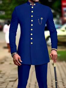 Men's Casual Long-Sleeved Two-Piece Suit, Mid-Length Top And Trousers - 藍色 - 查看 3