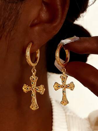 1 Pair Vintage Zirconia Cross Drop Hoops Earring For Men Women Couple,Simple Small Cross Dangle Earrings For Daily/Party/Vacation/Wedding Wearing,Retro Jewelry Gift For Religions Faith/Anniversary/Mother's Day/Valentin's Day/Christmas Day