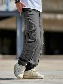 Men's Retro Flared Jeans, Slim Fit Multi-Pocket Rugged Cargo Pants, Fashionable - Grey - View 7