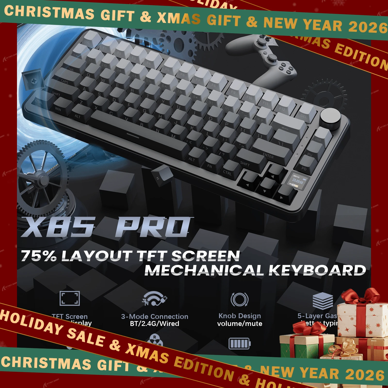 Bàn phím chơi game ATTACK SHARK X85PRO, 3 chế độ, thiết kế gioăng, màn hình, công tắc Blueberry, có thể thay nóng không dây 2.4G, Bluetooth 5.0, có dây USB, lập trình keymap, đèn RGB, pin 4000mAh, phím PBT có núm kim loại, 81 phím cho PC, tương thích với Windows