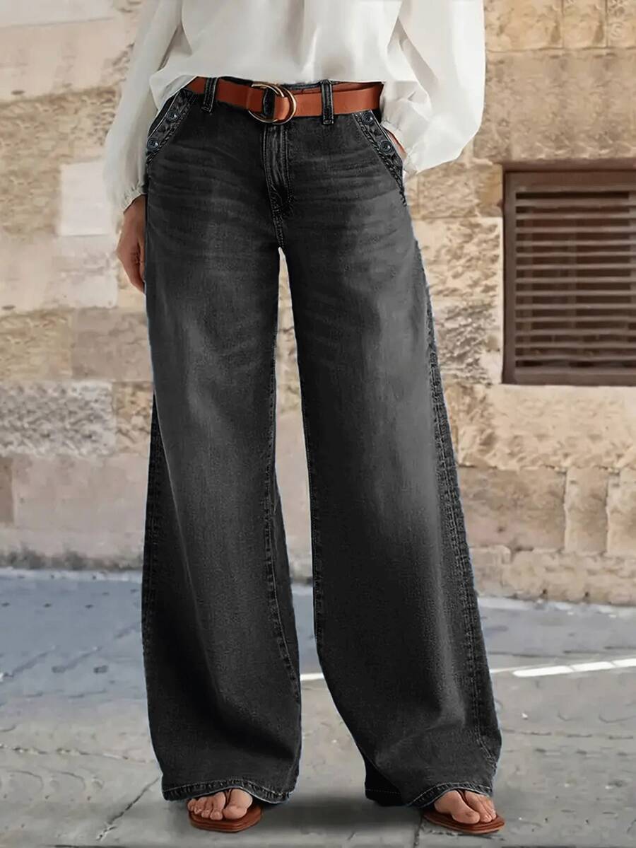 Quần jeans nữ ống rộng nhiều nút kiểu dáng thường ngày - Chất liệu denim cao cấp, thời trang và thoải mái, màu đen mùa xuân. - màu đen - Xem 1