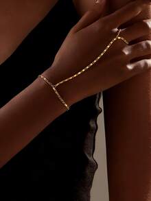 1 Piece Simple Gold Chain Mitten Bracelet,Fashion Flower Chain And Rhinestone Imitation Stone Mitten Bracelet For Summer Beach Vacation,Perfect Gift For Daily,Birthday,Party,Valentin's Day,Christmas Day - Gold - View 6