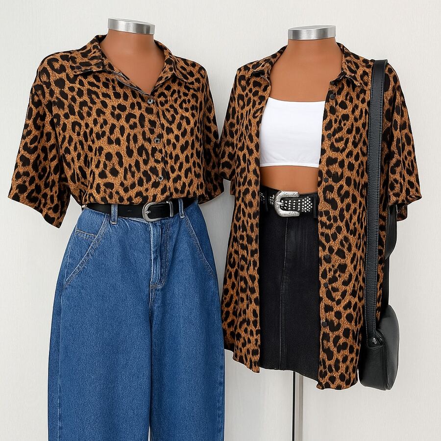 Basic Casual Plain Casual Unisex Blouse Shirt Fashion Blogger Summer Oversized Shirt Women's Beach Cover-Up - 捷豹印花 - 查看 1