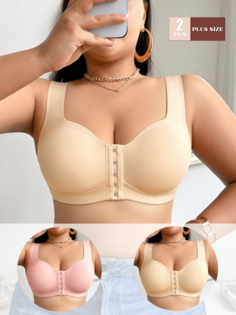 2 st. dam-bh med framknäppning i plusstorlek, bekväm framknäppning, sexiga dam-bh, bekväm bygel för vardagsbruk, enfärgad utan sidoutbuktning