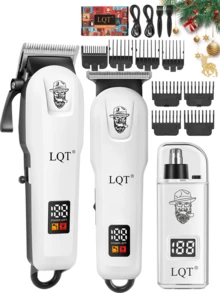 LQT 1/2/3/4件套专业理发器和胡须修剪器套装，无线电动理发器+电动剃须刀+鼻毛修剪器+修容剪刀，USB充电，数字显示，男士理容工具，家用理发用品，男士最佳礼物，父亲节，圣诞节 - 白色 - 查看 10