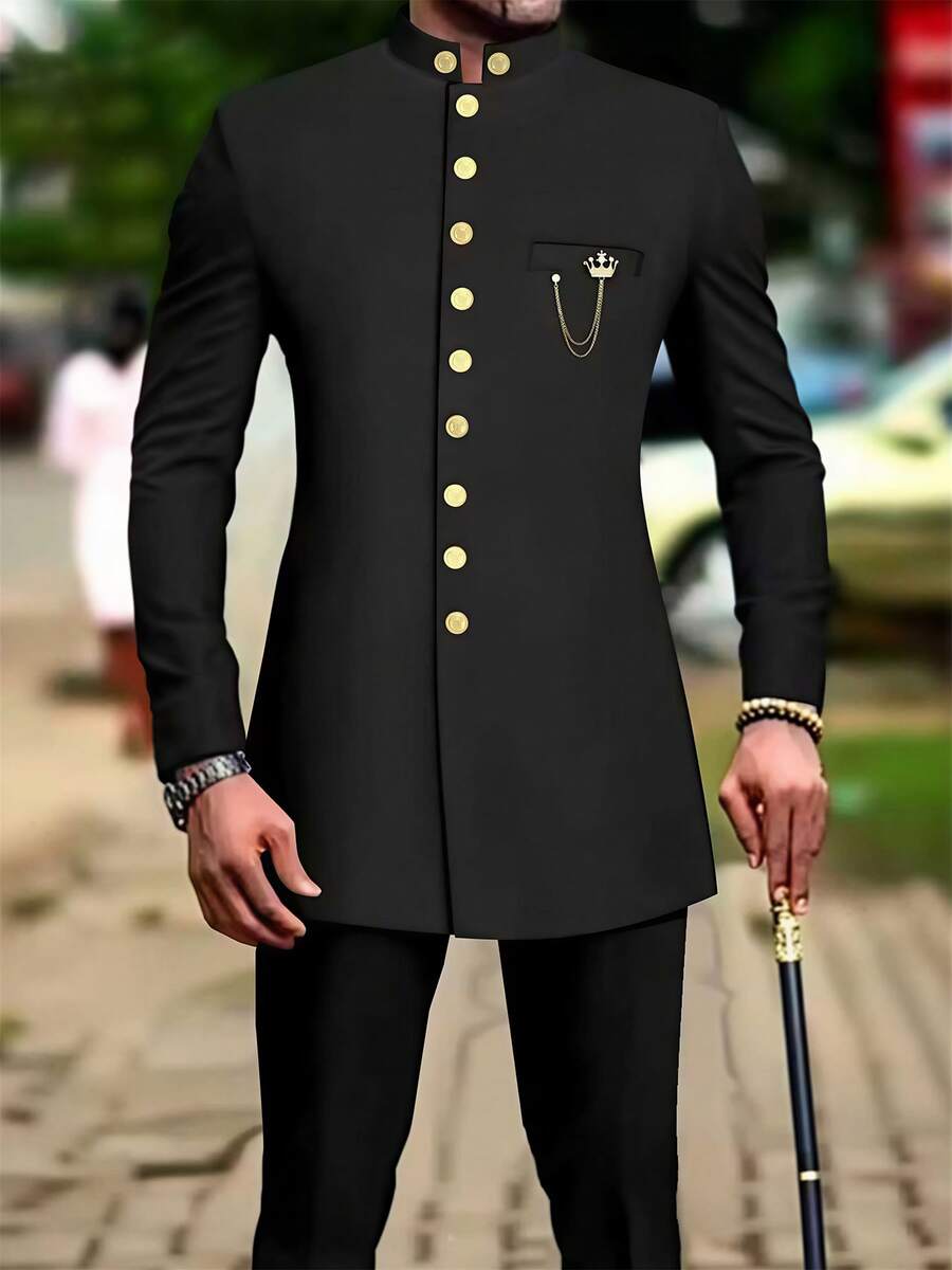 Men's Casual Long-Sleeved Two-Piece Suit, Mid-Length Top And Trousers - màu đen - Xem 1
