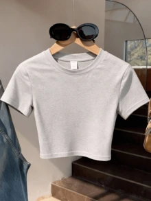 Teen Girl Plain Round Neck Casual Versatile Cropped Short Sleeve T-Shirt, Casual & Fashionable - Grey - View 10