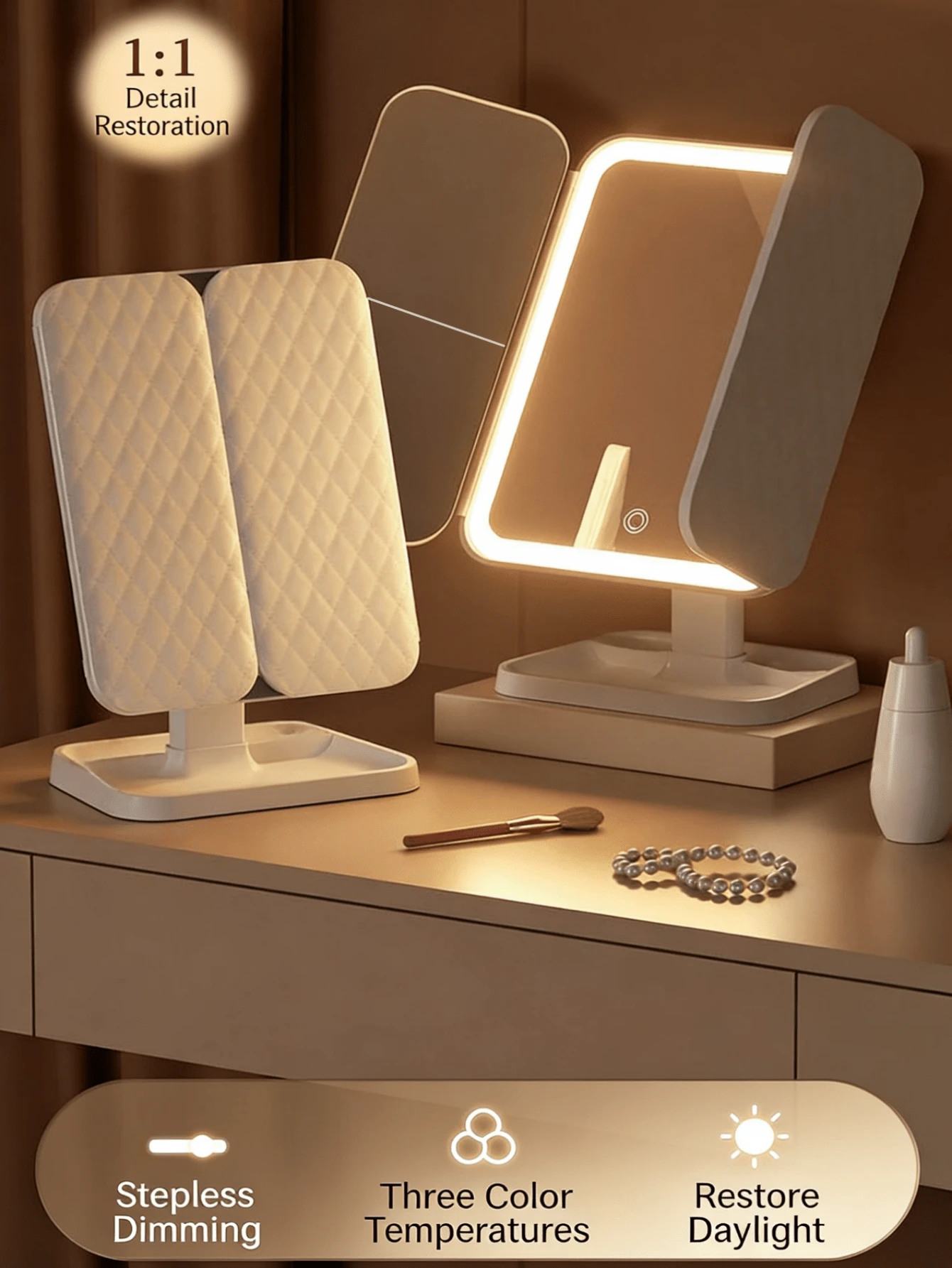 1件/套 2个三折化妆镜，上下左右可调节，3种照明模式，1倍/2倍/3倍放大倍率，可拆卸支架，便携式LED旅行化妆镜，可调光，智能触控屏，USB充电，高清化妆镜，适合作为生日、情人节、母亲节、感恩节送给女性的礼物。