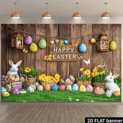 1 pieza de fondo fotográfico plano 2D de conejo de Pascua y huevos vibrantes, escena primaveral colorida con pancarta "Feliz Pascua", diseño de tabla de madera, excelente para photobooth y decoración estacional