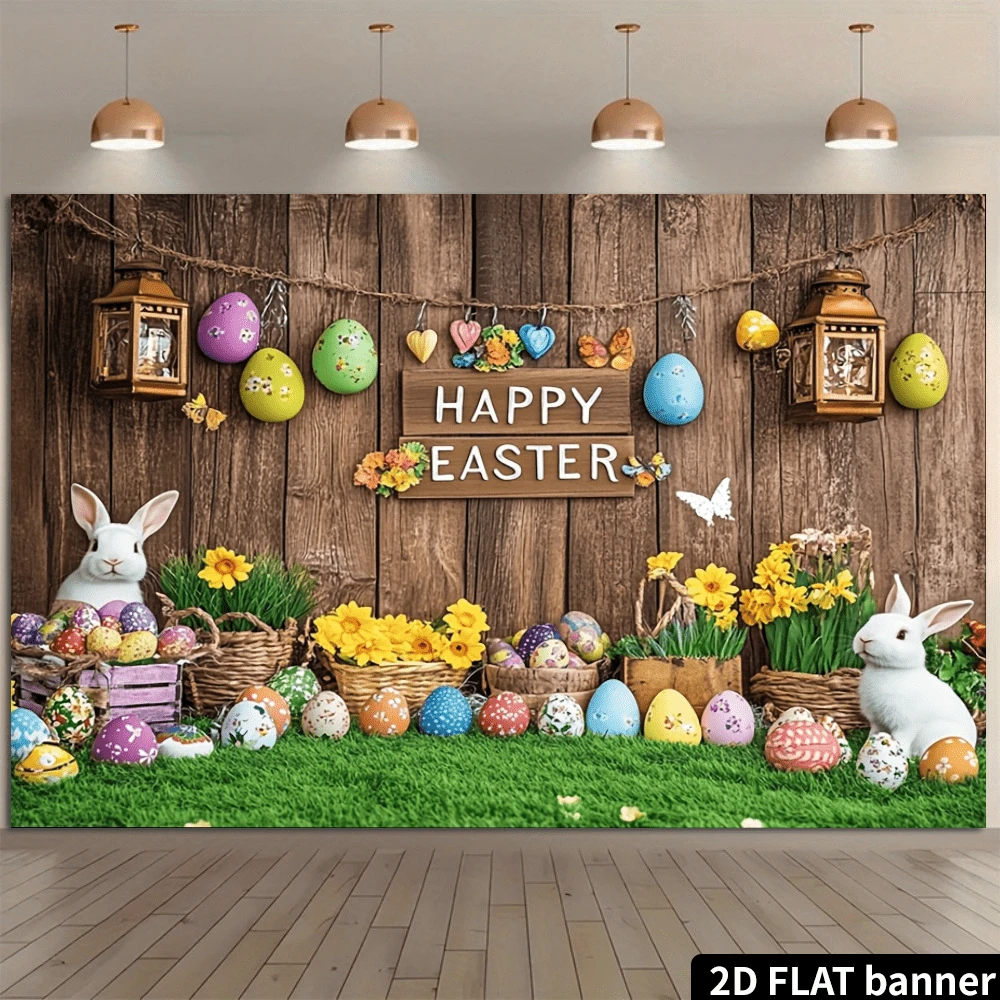 1 pieza de fondo fotográfico plano 2D de conejo de Pascua y huevos vibrantes, escena primaveral colorida con pancarta "Feliz Pascua", diseño de tabla de madera, excelente para photobooth y decoración estacional