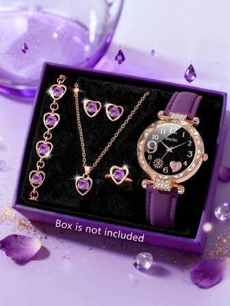 6/5 piezas Reloj de cuarzo con diseño de fuegos artificiales y corazón exquisito y de moda, adecuado para que las niñas lo usen, combinado con un elegante juego de joyería de collar, pulsera, anillo y pendientes, adecuado como regalo de cumpleaños/festivo para niñas, muy adecuado para la vida diaria como volver a la escuela, viajar, decoración de fiestas, etc. El regalo perfecto para niñas durante la temporada de graduación, el Día de San Valentín y Navidad