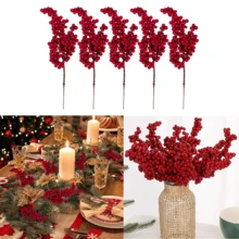 5pcs Artificial Red Berry Picks With Hawthorn,Red Berries Branches Artificial Foam Holly Berry Flower Fruit Christmas Tree Decorations Holiday DIY Crafts Xmas Ornaments Wedding Home Decor Holiday Decor Silk Flower Arrangements, Bouquet Stamen Plant DIY Wreath Christmas Party Home Decor - Multicolor - View 1